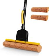 eyliden sponge mop: effortlessly clean tile floors, bathrooms & garages with dry wringing iron handle - model f-20 (2 sponge heads included) logo