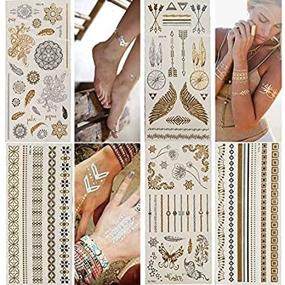 img 1 attached to 🌟 Glitter Metallic Temporary Tattoos - 5 Large Sheets with Gold and Silver, 80+ Flashy Color Fake Waterproof Tattoo Stickers for Kids or Adults by WffDirect