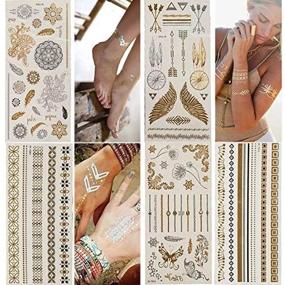 img 3 attached to 🌟 Glitter Metallic Temporary Tattoos - 5 Large Sheets with Gold and Silver, 80+ Flashy Color Fake Waterproof Tattoo Stickers for Kids or Adults by WffDirect