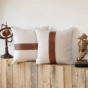 img 2 attached to ☕ Kiuree Chic Faux Leather Pillow Covers 20x20 Set of 2 Ticking Striped Farmhouse Decorative Throw Pillow Cover for Couch Living Room Bed Boho Accent Pillows (Coffee)