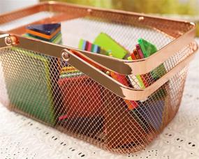 img 3 attached to Nifty Large Mesh Basket with Foldable Handles – Contemporary Copper Metal Design, Rectangular Steel Built, Home Storage Container, Shelf, Cabinet & Closet Organizer