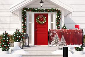 img 2 attached to 🎄 Merry Christmas Tree Winter Snowflake Pine Magnetic Mail Wraps – Red Christmas Tree Wood White Snow Mailbox Covers (Standard Size 21"Lx 18"W)