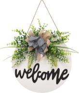 🏡 outdoor farmhouse porch décor: round wooden door hangers sign with welcome sign for front door, buffalo plaid wreaths, spring summer rustic door hanging логотип