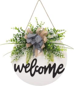 img 4 attached to 🏡 Outdoor Farmhouse Porch Décor: Round Wooden Door Hangers Sign with Welcome Sign for Front Door, Buffalo Plaid Wreaths, Spring Summer Rustic Door Hanging