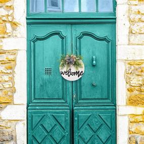 img 3 attached to 🏡 Outdoor Farmhouse Porch Décor: Round Wooden Door Hangers Sign with Welcome Sign for Front Door, Buffalo Plaid Wreaths, Spring Summer Rustic Door Hanging