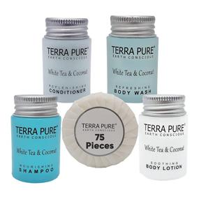 img 4 attached to 🏨 Bulk Set of 75 Terra Pure White Tea and Coconut Hotel Soaps and Toiletries - All-In-Kit for Hotels, Including 1oz Shampoo and Conditioner, Body Wash, Lotion, and 1.25oz Bar Soap - Travel Size Toiletries