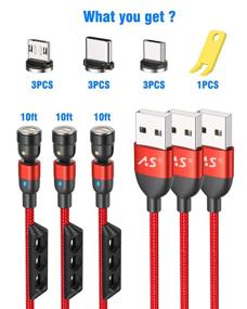 img 3 attached to 🔌 Удобный 10-футовый магнитный зарядный кабель, 3 штуки: A.S 2-в-1 магнитный USB-кабель для быстрой зарядки и легкой синхронизации, с поворотом на 360° и 180°, покрытый нейлоном, с магнитным зарядным устройством для телефона (красный) - Совместим с Mirco USB, Type C