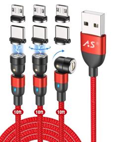 img 4 attached to 🔌 Удобный 10-футовый магнитный зарядный кабель, 3 штуки: A.S 2-в-1 магнитный USB-кабель для быстрой зарядки и легкой синхронизации, с поворотом на 360° и 180°, покрытый нейлоном, с магнитным зарядным устройством для телефона (красный) - Совместим с Mirco USB, Type C