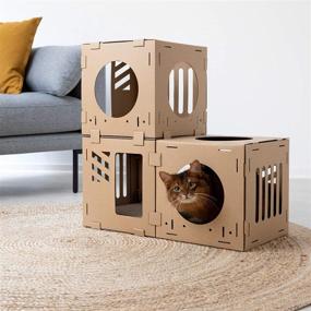 img 3 attached to Navaris Modular Cardboard Cat House: DIY Corrugated Play Tower Condo for Small Cats, Kittens, Rabbits - Configurable, 3-Cube Design