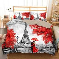 🗼 hmt nf paris queen size eiffel tower bedding set - red maple leaf duvet cover with lovers in the street- ideal comforter set for girls and women - 1 duvet cover + 2 pillowcases logo