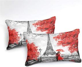 img 2 attached to 🗼 HMT NF Paris Queen Size Eiffel Tower Bedding Set - Red Maple Leaf Duvet Cover with Lovers in The Street- Ideal Comforter Set for Girls and Women - 1 Duvet Cover + 2 Pillowcases