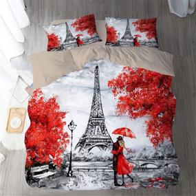 img 3 attached to 🗼 HMT NF Paris Queen Size Eiffel Tower Bedding Set - Red Maple Leaf Duvet Cover with Lovers in The Street- Ideal Comforter Set for Girls and Women - 1 Duvet Cover + 2 Pillowcases