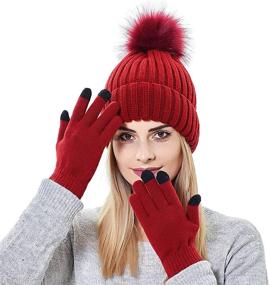 img 3 attached to 🧣 Womens Winter Knitted Beanie Hat and Touch Screen Glove Set - Muryobao 2 Pcs Knit Cuffed Skull Cap with Faux Fur Pom