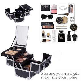 img 3 attached to 💄 Frenessa Portable Black Makeup Train Case - Cosmetic Box with 2 Trays, Key Lock, Carrying Handle, Mirror, Jewelry Organizer - Modern Travel Storage