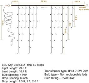 img 1 attached to 🎄 FUNPENY Outdoor Christmas Icicle Lights - 360 LED 29.5 FT Clear Wire Curtain Fairy String Lights with 60 Drops for Xmas Wedding Party Tree Holiday Decoration, 8 Modes, White