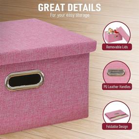 img 1 attached to 📦 Enzk&amp;Unity Foldable Lidded Storage Bins Cube Linen Fabric Storage Basket with Handle Organizer Box Containers - Pack of 2, Pink - for Shelf, Home Office, Closet, Nursery