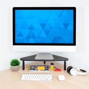 img 1 attached to 🖥️ Adjustable Height Triangle Corner Monitor Stand - Space Saving Metal Desk Shelf, Ventilated Design, Black