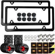 🚗 aootf matte black license plate frames - 2 pack, 4-hole slim car tag holders for front & rear, rustproof aluminum metal bracket with mount screws caps - gift accessories and tire valve stem covers logo