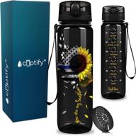 🌻 thin blue line sunflower police gifts for men: 32 oz 1 liter motivational tracking water bottle with time marker - black gloss finish, perfect for graduation and law enforcement логотип