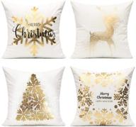 🎄 набор из 4 золотых подушечных чехлов снежинок рождественских украшений на подушки для кровати, дивана и кресла - мягкие бархатные подушки all smiles xmas décor с изображением ёлки и оленя - размер 18 х 18 дюймов. логотип