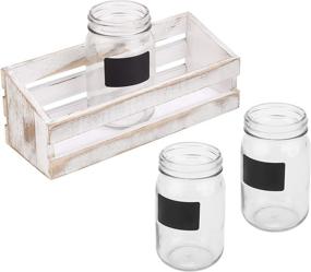 img 1 attached to MyGift Whitewashed Wood Utensil Holder: Organize Your Flatware with 3 Mason Jars & Chalkboard Labels