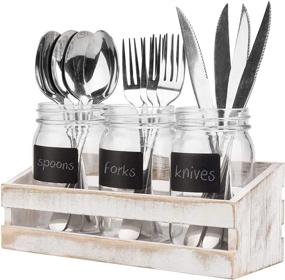 img 4 attached to MyGift Whitewashed Wood Utensil Holder: Organize Your Flatware with 3 Mason Jars & Chalkboard Labels