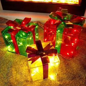 img 4 attached to Joliyoou Christmas Lighted Gift Boxes, Set of 3- 60 LED Outdoor Decor, Light Up Christmas Boxes for Yard Decorations in Red, Green, and Yellow