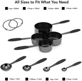 img 3 attached to 8-Piece Gunmetal Measuring Cups and Measuring Spoon Set - Country Kitchen Stainless Steel with Soft Touch Silicone Handles, Liquid and Dry Nesting Measuring Cup Set (Black)