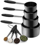 8-piece gunmetal measuring cups and measuring spoon set - country kitchen stainless steel with soft touch silicone handles, liquid and dry nesting measuring cup set (black) logo