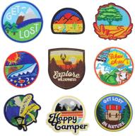 🌲 9pcs large iron-on nature patches: fun outdoor hiking & camping appliques for clothes, jackets, backpacks logo