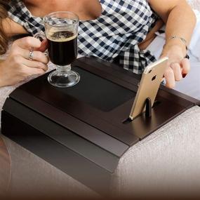 img 1 attached to 🛋️ Sofa Tray Table with EVA Base, Cellphone Holder, and Perfect Fit for Square Chair Arms - Tobacco/Dark Brown