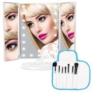 versatile trifold led makeup mirror: portable, magnifying 1x 2x 3x, touch screen, rotate 180° - includes 7 makeup brushes logo