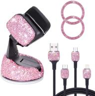 📱 bling crystal rhinestone car phone holder mount with air vent base: usb 3-in-1 charging cable, 2 car decor button rings - pink - ideal bling car accessories for women logo