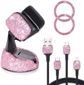 img 4 attached to 📱 Bling Crystal Rhinestone Car Phone Holder Mount with Air Vent Base: USB 3-in-1 Charging Cable, 2 Car Decor Button Rings - Pink - Ideal Bling Car Accessories for Women