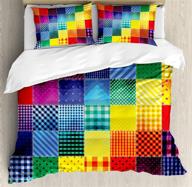 🌈 ambesonne rainbow abstract duvet cover set - multicolor queen size bedding set with diagonal geometric patterns and 2 pillow shams - diverse square shapes for decorative appeal logo