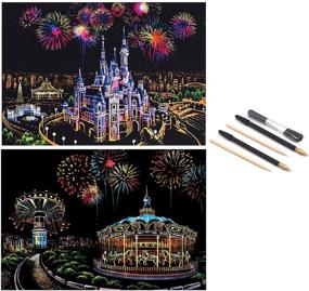 img 4 attached to 2 Pack Scratch Art Crafts: Rainbow Scratch Art Paper for Kids and Adults, 16'' x 11.2'' Scratchboard Painting Creative Gift Set with 5 Tools (Amusement Park & Castle)