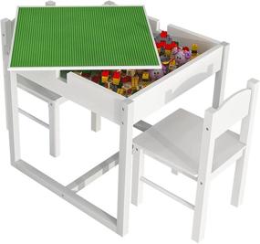 img 2 attached to 🎨 4NM 2 in 1 Kids Activity Table and Chairs: White Wood Play Building Block Set with Hidden Storage