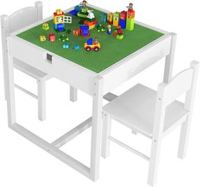 img 4 attached to 🎨 4NM 2 in 1 Kids Activity Table and Chairs: White Wood Play Building Block Set with Hidden Storage