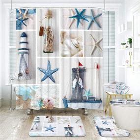 img 2 attached to 🌊 Complete Nautical Shower Curtain Set: 7 Pieces with Non-Slip Rugs, Toilet Lid Cover, and Bath Mat | Marine Sail Sailboat Beach Starfish Shell Sea Life Curtain with 12 Hooks