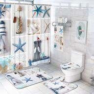 🌊 complete nautical shower curtain set: 7 pieces with non-slip rugs, toilet lid cover, and bath mat | marine sail sailboat beach starfish shell sea life curtain with 12 hooks logo