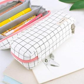 img 1 attached to 📚 Oyachic Grid Pencil Case: Large Capacity Pencil Pouch for Women, Teens, Students - Cute Stationery Bag for School and Office