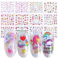 🦄 girls unicorn nail art stickers - 12 sheets cute decals for diy manicures, nails, and beauty supplies - unicorns, stars, moons, cherries, flamingos, rainbows design - perfect for kid's birthday gifts logo