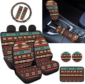 img 4 attached to Renewold Car Seat Cover Set: African Ethnic Tribe Baja Design, Including Front & Rear Seat Covers, Steering 🚗 Wheel Cover, Armrest Box Covers, Cushions, Seat Belt Cover, Shift Knob Cover Handbrake Cover, Coasters - 12pcs for Ultimate Comfort