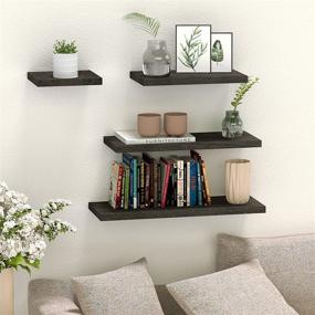 img 3 attached to 📚 Vabaso Black Floating Shelves: Set of 4 Rustic Wood Wall Mounted Shelves for Bathroom, Bedroom, Living Room, and Kitchen - Solid Wood Shelf with Metal Brackets (Not for Hollow Wall)