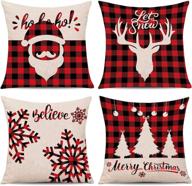 🦌 whaline set of 4 christmas pillow covers - red black scottish buffalo checkers plaid, santa reindeer snow x-mas tree cushion covers, cotton linen sofa bed decoration (18" x 18") logo