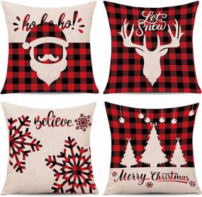 img 4 attached to 🦌 Whaline Set of 4 Christmas Pillow Covers - Red Black Scottish Buffalo Checkers Plaid, Santa Reindeer Snow X-mas Tree Cushion Covers, Cotton Linen Sofa Bed Decoration (18" x 18")