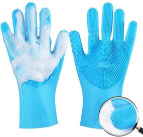 img 4 attached to Meidong Silicone Dishwashing Gloves with Bristles Cleaning Brush, Heat Resistant and Sponge Scrubbers for Kitchen Cleaning, Housework, Bathroom, Bathing, and Car Washing - Upgrade Version