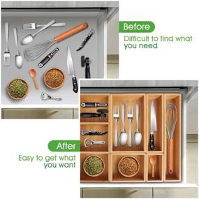 img 1 attached to 📦 Efficiently Organize Your Kitchen and Office with Kootek Adjustable Bamboo Drawer Organizers - 6-Piece Cutlery Silverware Holder, Storage Bins with Removable Dividers for Desk, Closet, Bathroom