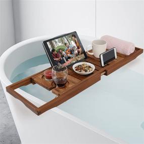 img 3 attached to 🛀 Expandable Teak Bathtub Tray with Wine and Book Holder - Premium Wooden Bath Caddy for Tub, Includes Free Teak Body Brush