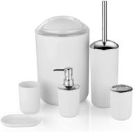 🚽 6 piece plastic bathroom accessory set - luxury bath accessories: lotion bottles, toothbrush holder, tooth mug, soap dish, toilet brush, trash can, rubbish bin (white) logo